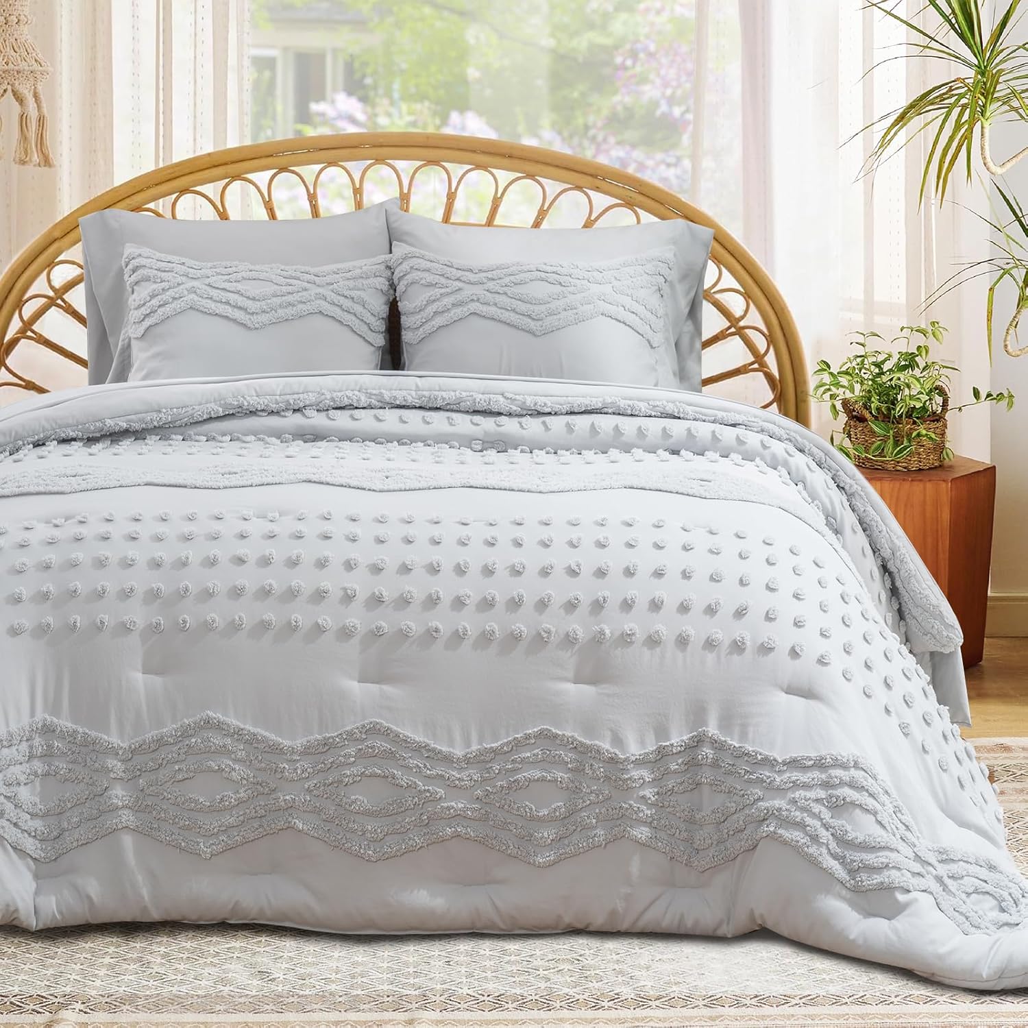 EVERGRACE King Size Comforter Set 7 Pieces Bed in a Bag for College Dorm, Light Gray Tufted Shabby Chic Boho Comforter and Sheet Set with Pom Pom Textured, Soft Fluffy Farmhouse Complete Bedding Set King (90"x104") Light Gray