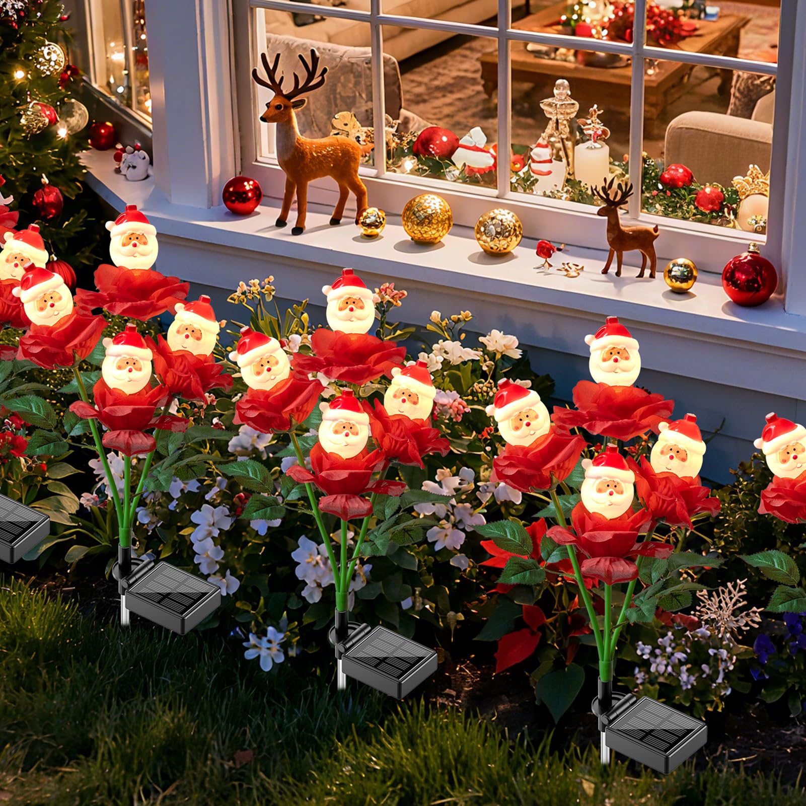 Lot de 2 lampes solaires de jardin en forme de rose de Noël avec Père Noël, 70 cm, pour décoration de Noël, marche/arrêt automatique, étanchéité IP65, convient pour cour, étang, allée