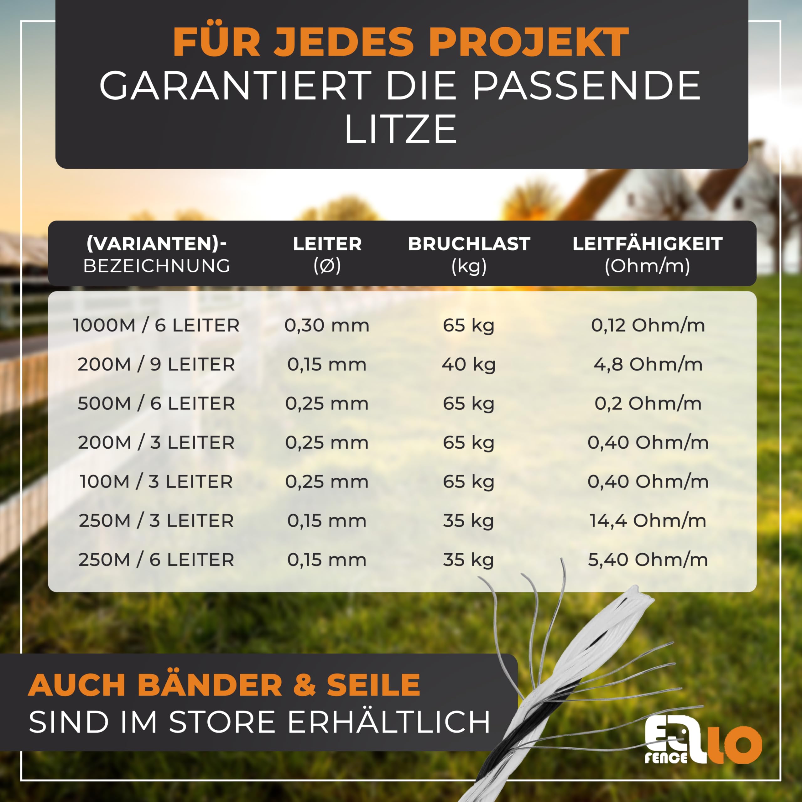 Weidezaunlitze (250m) - Robuste Litze für Weidezaun & Elektrozaun - Leitfähige Stromlitze für Tierzaun - Premium Elektrozaunlitze - UV-beständig & wetterfeste Zaunlitze