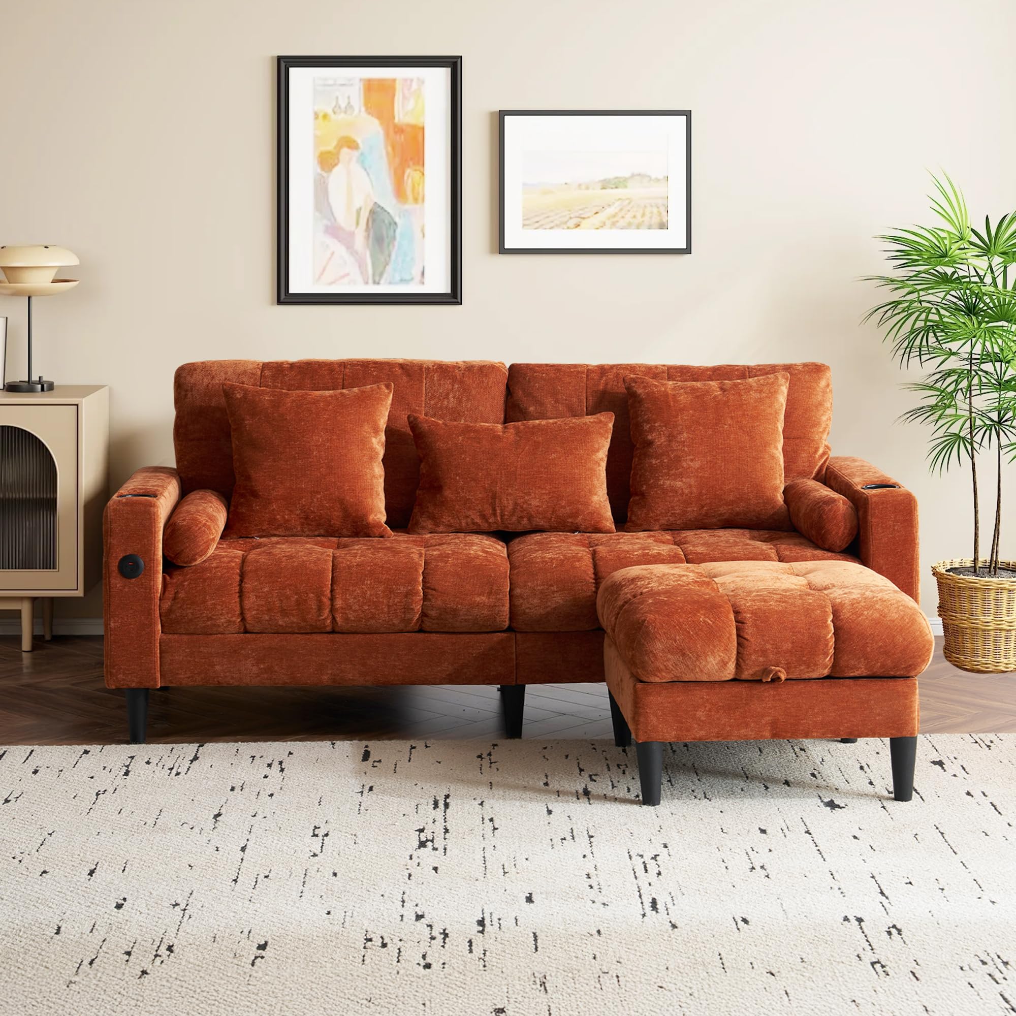 L Shaped Couch Sofa with Storage Ottoman, Sectional Couches for Living Room with USB & Cup Holders, Chenille Deep-Seated Convertible Sofa Furniture Sets for Apartment (Orange)