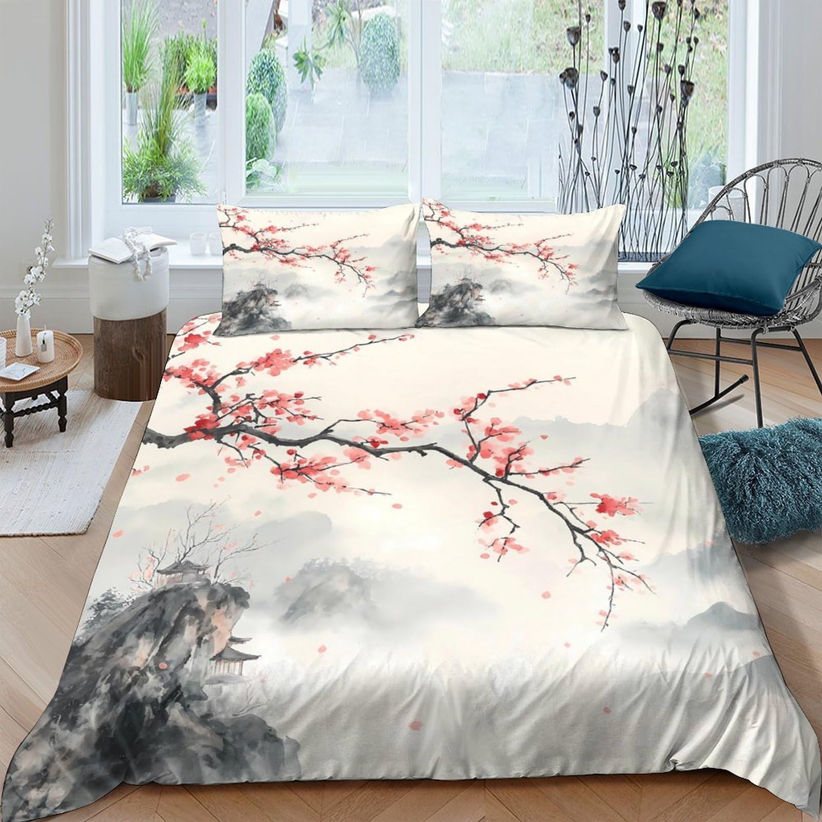 Ctjqhvkz Style-4 3D Printed Ink Plum Blossom Fitted Sheet Microfiber Soft Breathable Misty Mountain Mattress Cover For Bedroom Guestroom Decor Single（135X200cm）