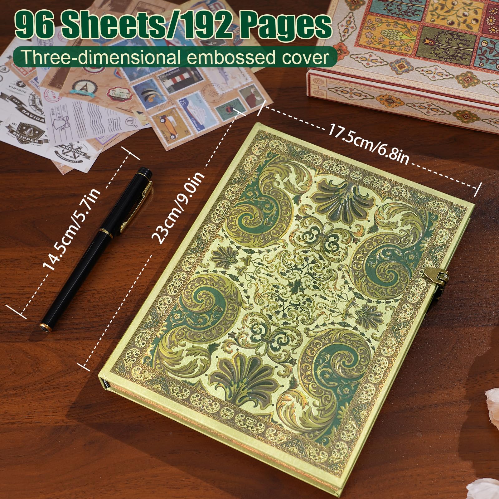 Diario de tapa dura con cubierta de ensueño dorado en 3D, 96 hojas/192 páginas, diario con forro vintage, viene con bolsillo de sobre, adecuado como cuaderno, diario de viaje o aniversario de boda