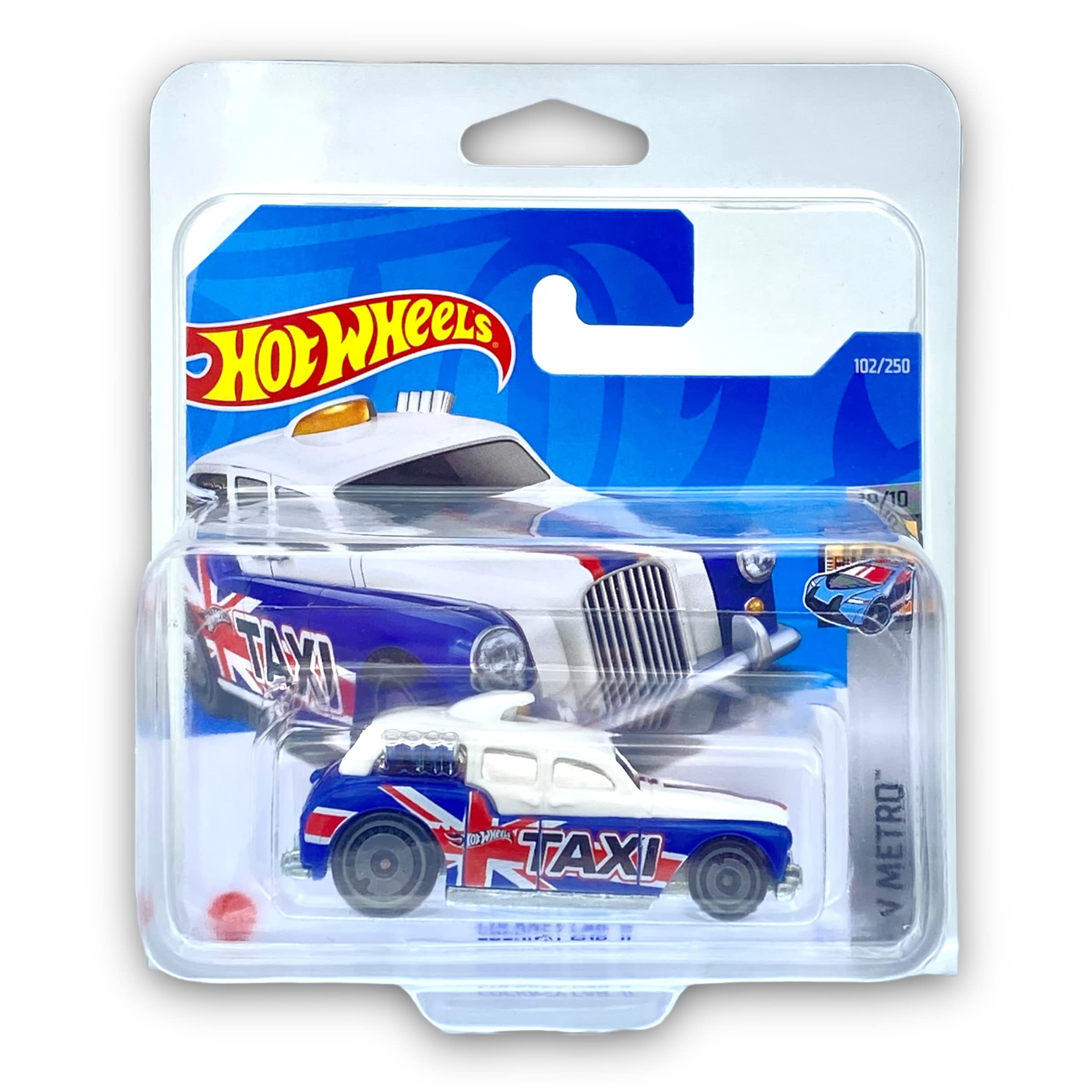 Hot Wheels Cockney Cab II (White & Blue) 10/10 HW Metro 2022 - 102/250 (Short Card) - COMES IN A KLAS CAR KEEPER PROTECTIVE COLLECTORS CASE - HCX10