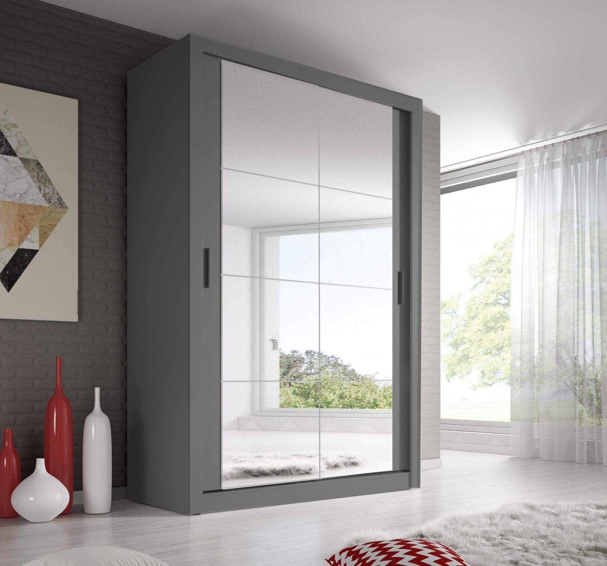 Modern Bedroom Mirror Sliding Door Wardrobe Arti 19 in Grey 120cm - Flat Pack, Elegant Mirrored Furniture, Loft Style, Customisable Interior - Perfect for Modern Homes