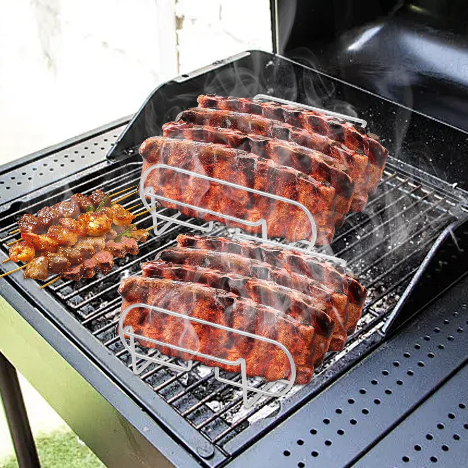 Supporto per Costine da Griglia Portabistecca Accessorio BBQ Lavabile In | Rack per BBQ in Acciaio al Carbonio Per Preparazione, Riposo, Arrostitura, Cottura Al Forno, Cottura, Cucin