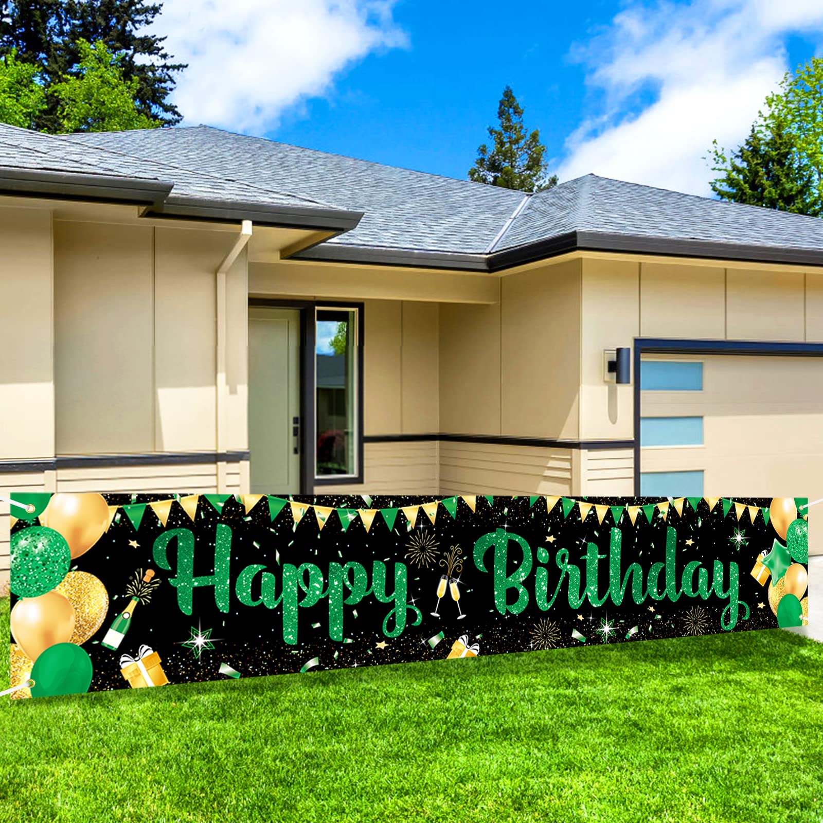 Green & Black Happy Birthday Yard Banner - Large 118x19.6 Inch Outdoor Party Decoration