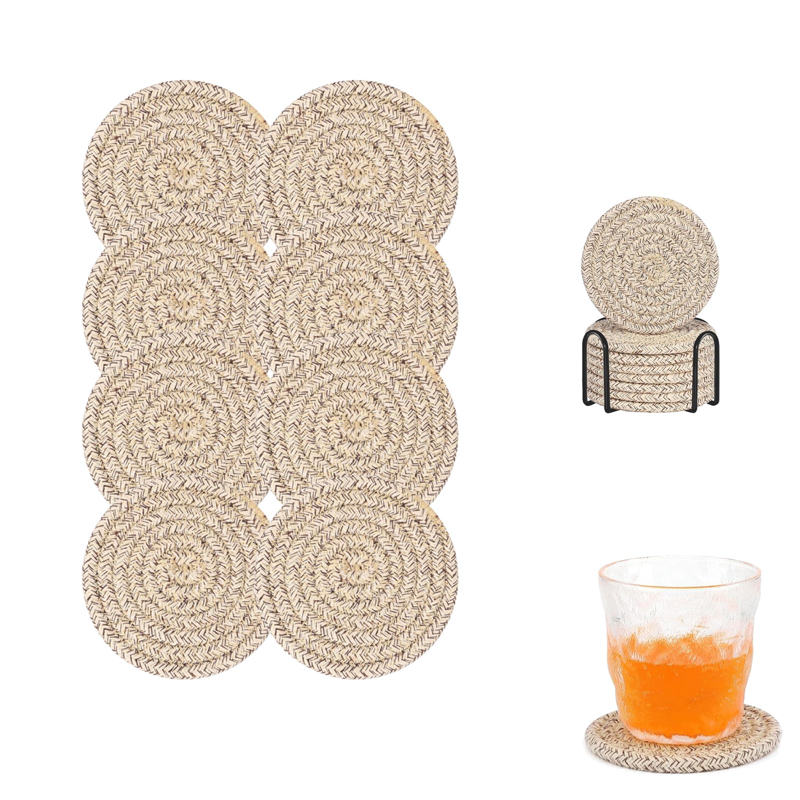 Set of 8 Cotton Woven Drink Coasters with Holder, Absorbent Coasters for Drinks, Minimalist Home Decor for Wooden Table Protection - 4.3 inches Mixed Brown