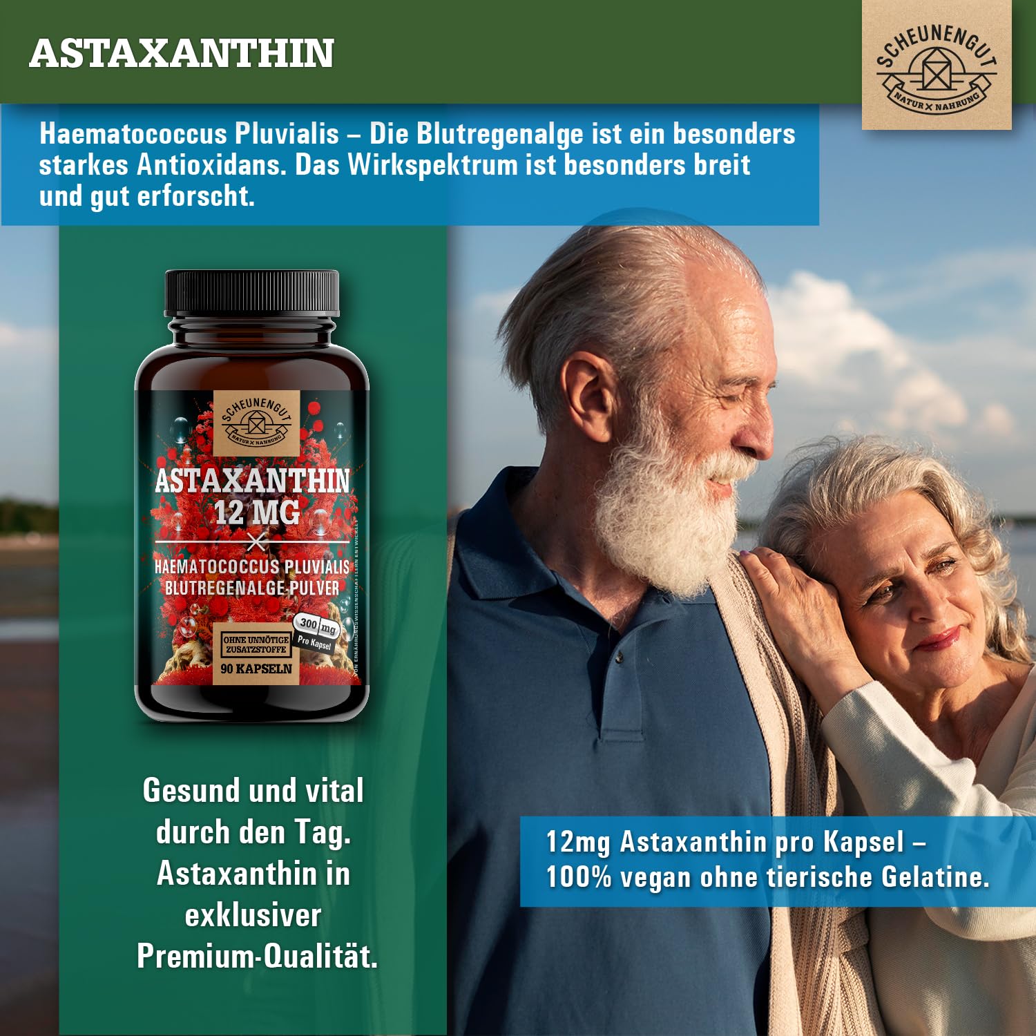 Astaxanthin 12mg -Direkt aus Frankreich- Oxidations-Schutz DE SCHEUNENGUT® | WICHTIG: Oxidationsfrei durch veresterte Struktur -keine China Ware- Zertifiziertes Astaxanthin hochdosiert 90Stk