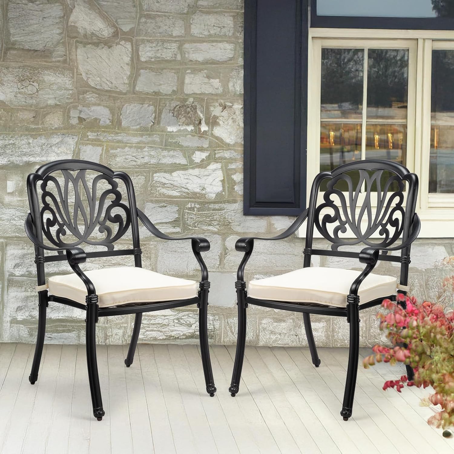 VINGLI Patio Chairs Set of 2 - Stackable Outdoor Cast Aluminum Dining Chairs with Vintage Black Finish and Floral Pattern, Metal Armchairs for Poolside, Backyard, Balcony (with Cushion)