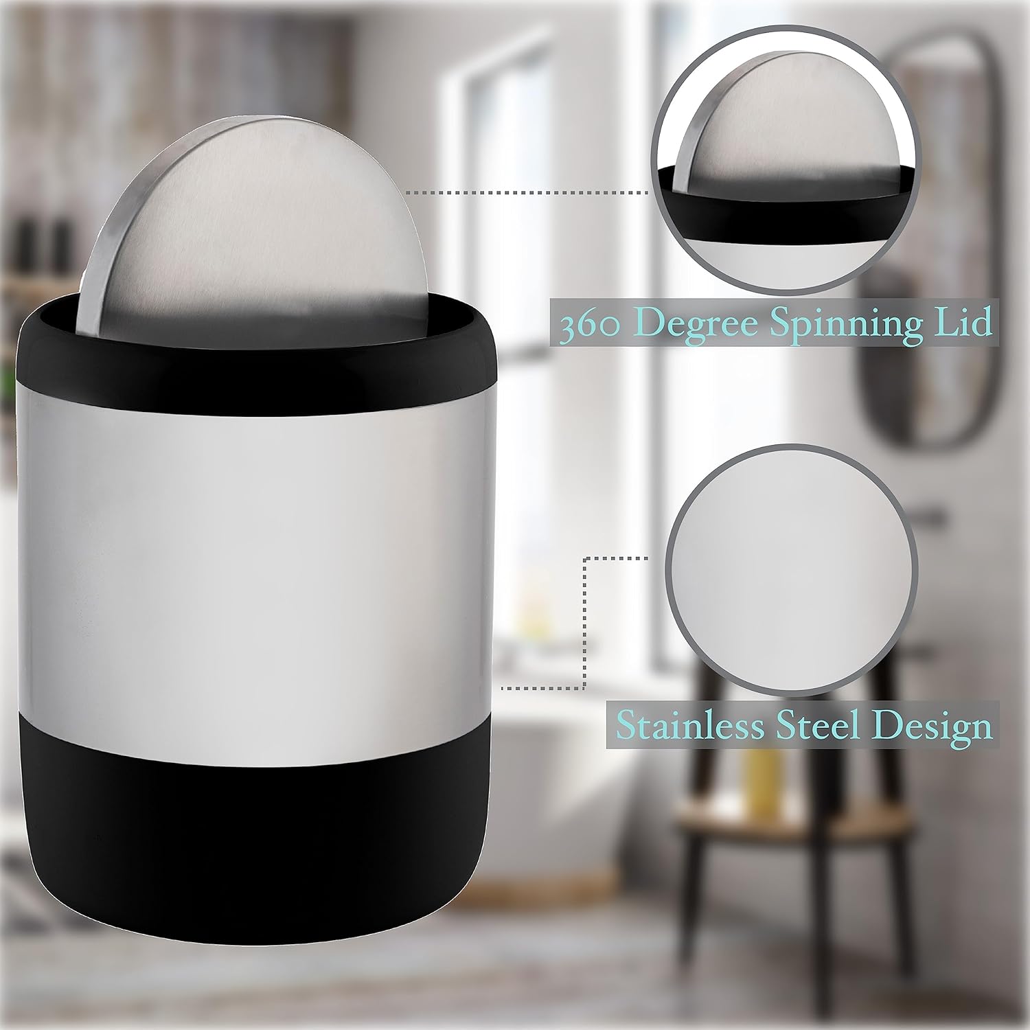 Bath Bliss Smooth Matte Stainless Waste Bin and Toilet Brush | Dimensions: 7.9" x 7.9" x 9.8"- Wastebasket | Dimensions: 4.7"x 4.7"x 16.5"- Toilet Brush| Bathroom Accessories | Black