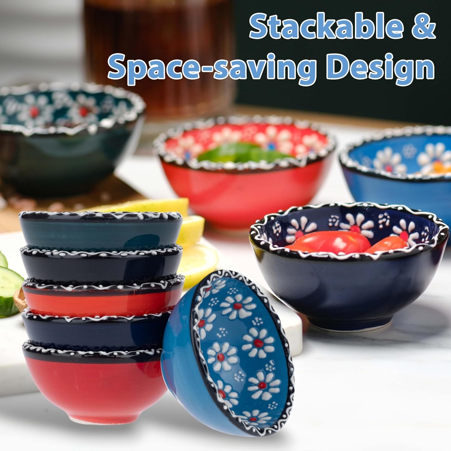 Ceramic Small Bowls, Dipping Bowls Set of 6, 3.5 Oz Soy Sauce Dish, Handmade Charcuterie Bowls, Colorful Pinch Bowls, Dishwasher & Microwave Safe Sauce Bowls, 3.2'' Mini Bowls (SULTAN'S GARDEN)
