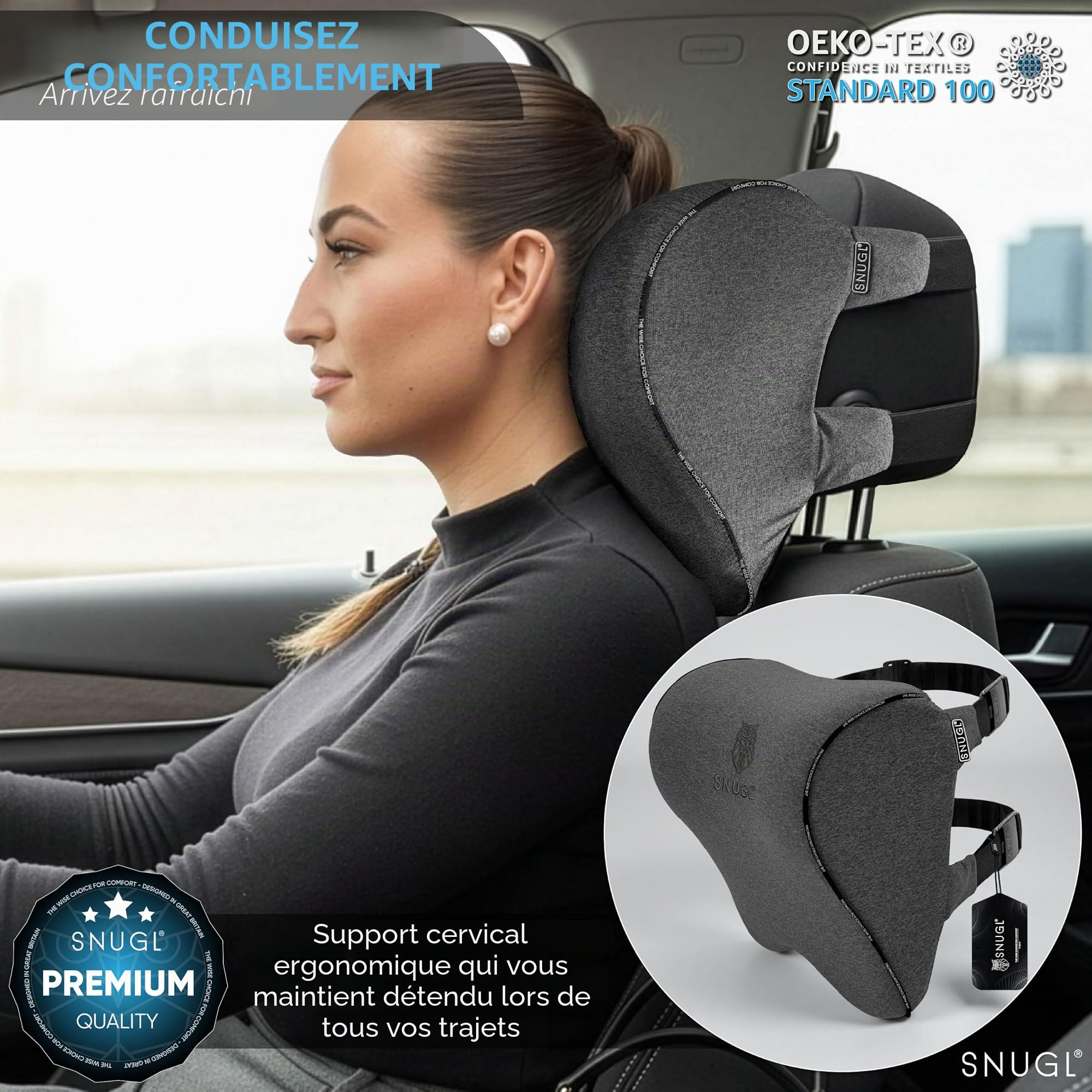 SNUGL Appui-tête Voiture en Mousse à Mémoire | Coussin de Nuque Ergonomique pour Siège Auto avec Double Sangle Réglable et Housse Amovible – Soutien Confortable pour la Tête et Le Cou (Gris)