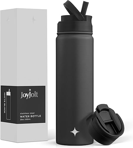 JoyJolt Botella de agua con triple aislamiento con tapa con popote y tapa abatible. Botella de agua de 22 onzas, botella de agua de acero inoxidable