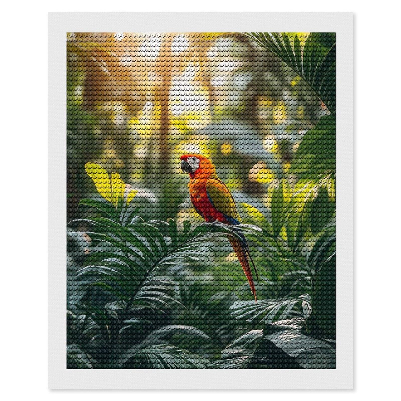 Junmoney Scarlet Macaw in Lush Jungle Setting DIY Diamond Art Canvas Kit 16"x20", for Adults, Decorate Your Room, Gift Idea, Modern Decor, Finish and Display