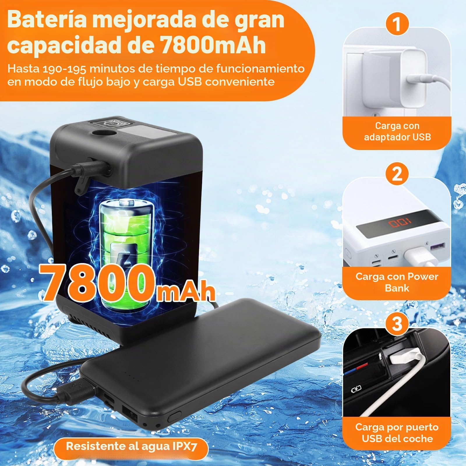 Ducha portátil de camping, kit de ducha recargable para exteriores de 7800 mAh con calentador, pantalla LED inteligente, impermeable IPX8, ducha portátil para camping, al aire libre, viajes