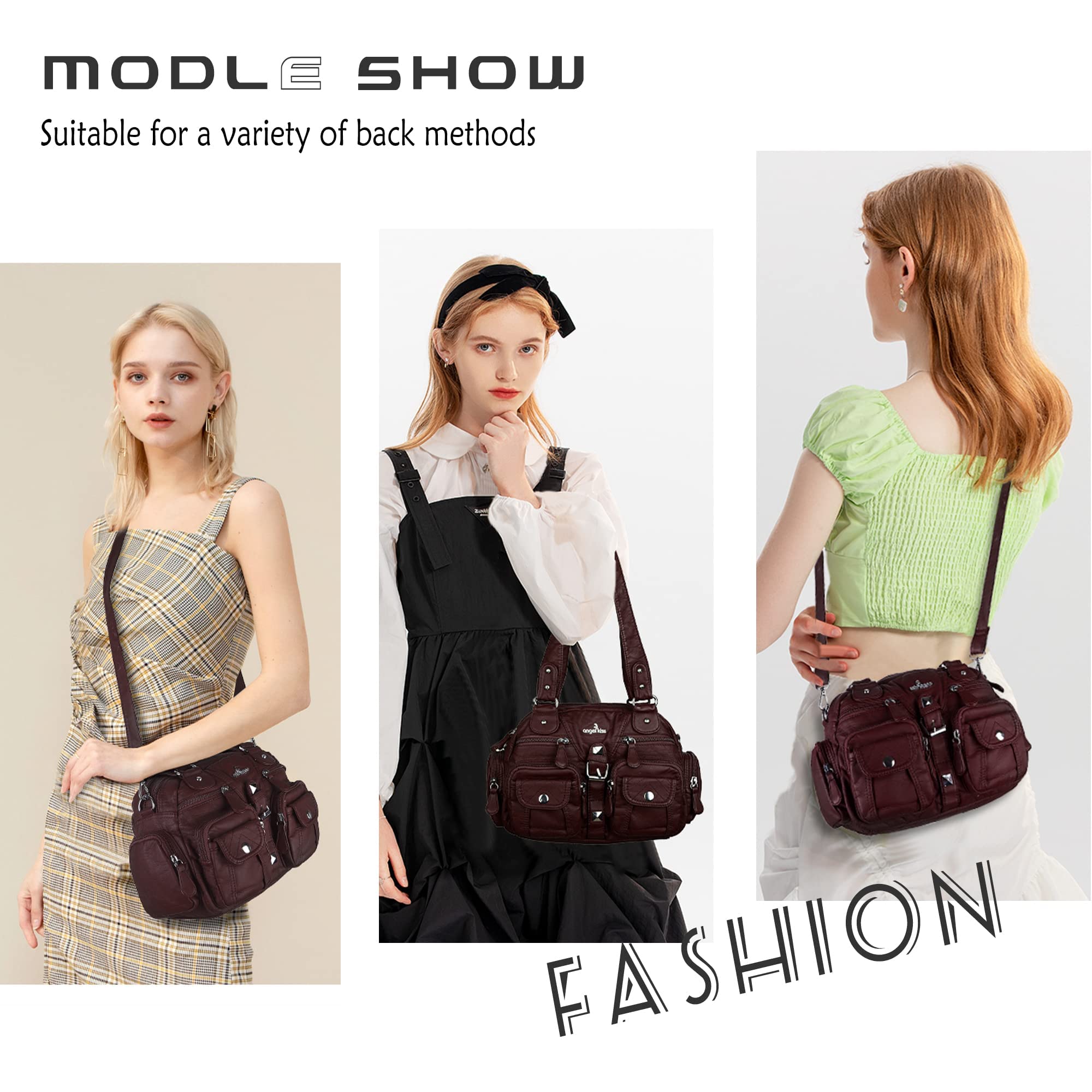 Angel Kiss Hobo - Borsa a tracolla da donna, multitasche, morbida, con tracolla rimovibile, in pelle