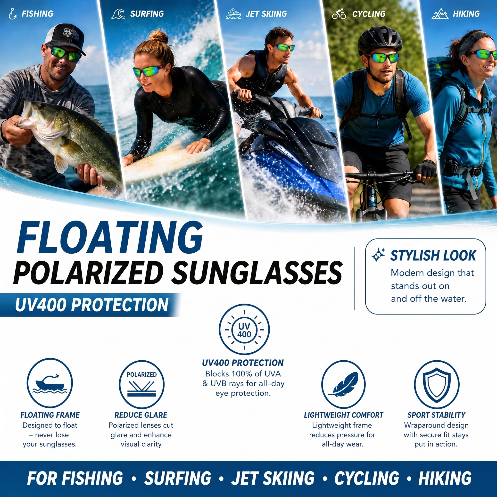 Occhiali da sole galleggianti polarizzati da pesca per uomini e donne kayak surf ombra sport acquatici occhiali protezione UV