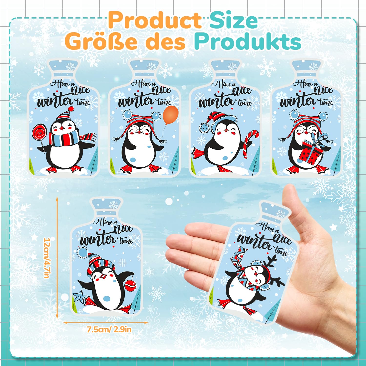 MOVINPE 6Pcs Reusable Pocket Warmers Instant Hand Warmers for Kids Adults – Snap Heat Packs with Cute Designs Click Gel Warmers for Hand Body (Snowy Penguin, OneSize)
