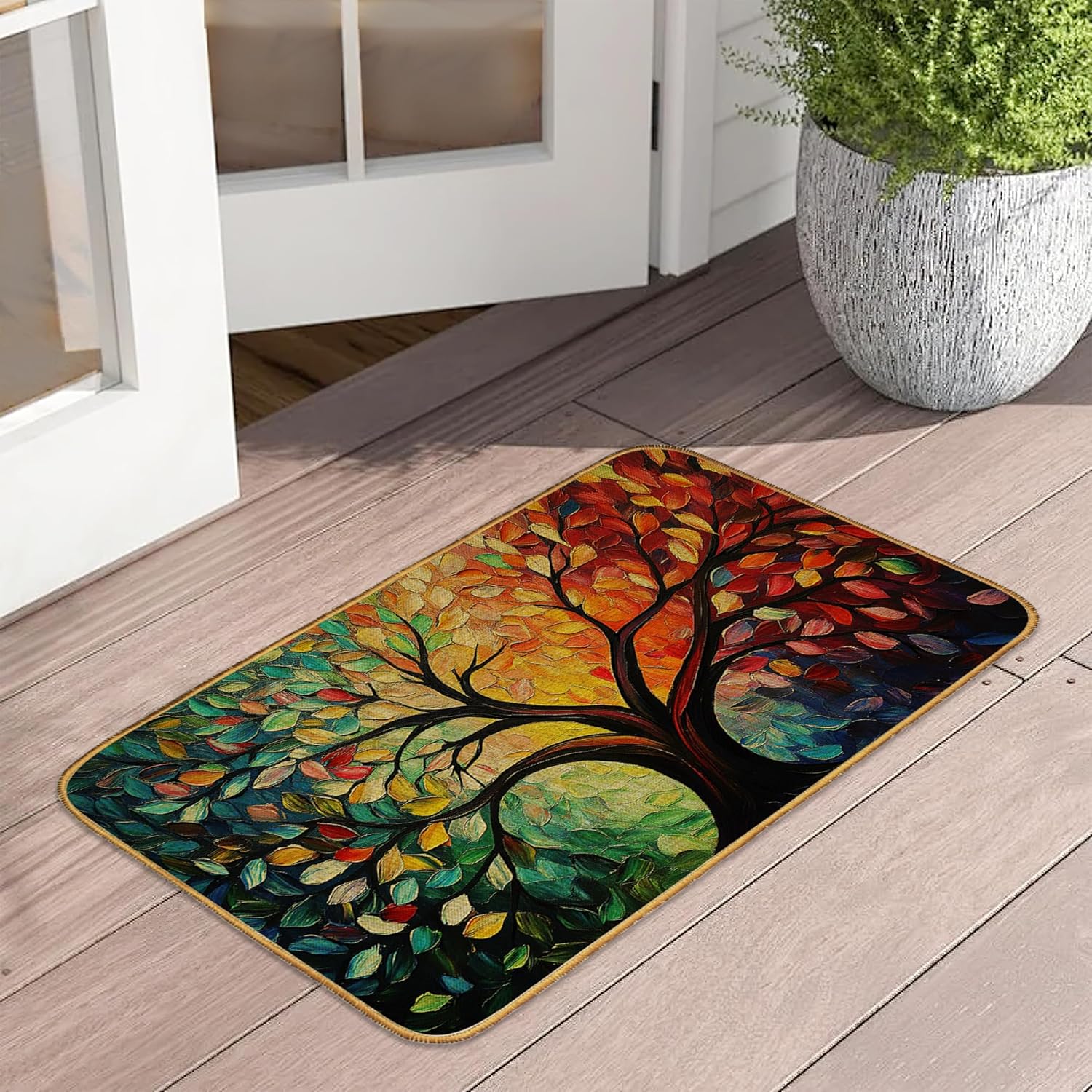 Door Mat Tree of Life Floor Door Mats,Colorful Abstract Washable Doormat for Front Porch Decor,Linen Welcome Mats Indoor Outdoor Rug for Farmhouse/Entryway/Home Entrance/Patio