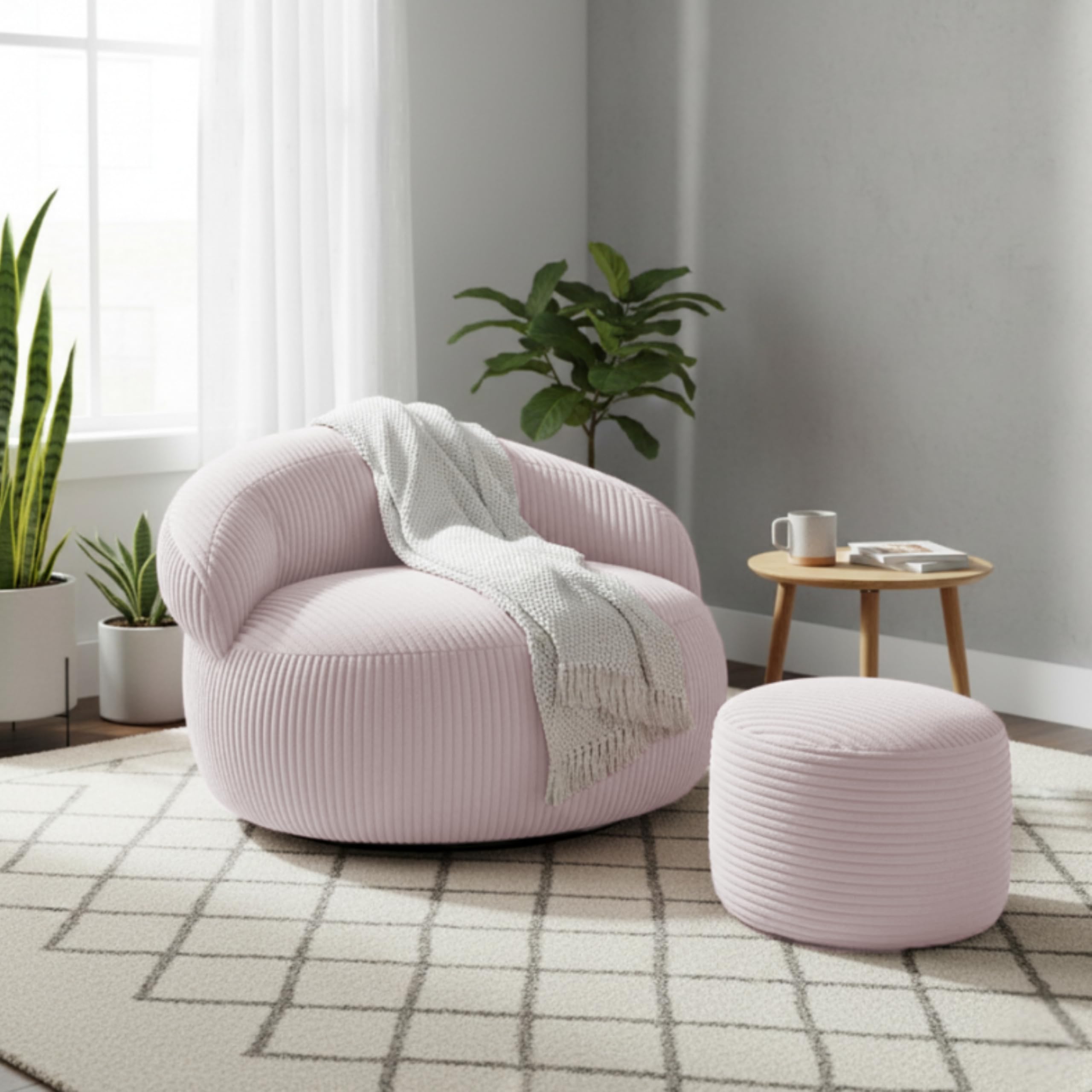 bananair – Sitzsack für Wohnzimmer aus Cord mit Fußhocker - XXL Bean Bag Chair Weich - Maschinenwaschbarer Bezug - Ideal für Salon, Schlafzimmer Erwachsene, Jugendliche (110 × 100 cm, Hellrosa)