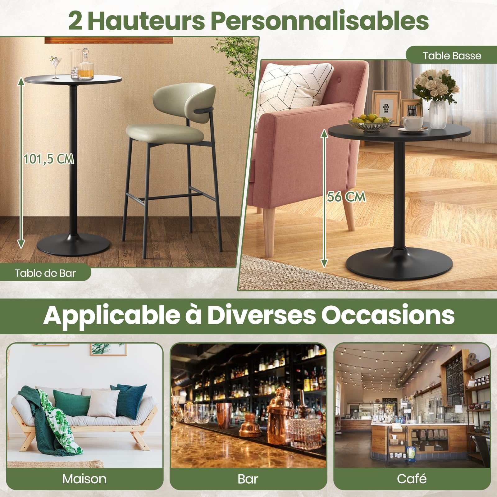 RELAX4LIFE Table Bar Ronde Haute, Table Haute Mange Debout, Hauteur Réglable 100/56 CM, Base en Métal, Style Moderne, Montage Facile, pour Bistrot, Café, Bar, Dia.60 CM (Noir,2)