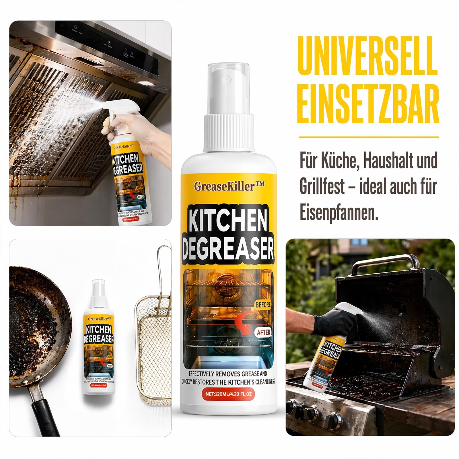 Grease Killer Spray, 2026 Neu Fast-Acting Heavy-Duty Grill Degreaser Spray, Biologisch Abbaubar, Kraftvoll Gegen Eingebranntes & Verkrustungen, Grillrost, Edelstahl, Gusseisen, Air Fryer (1 Flasche)