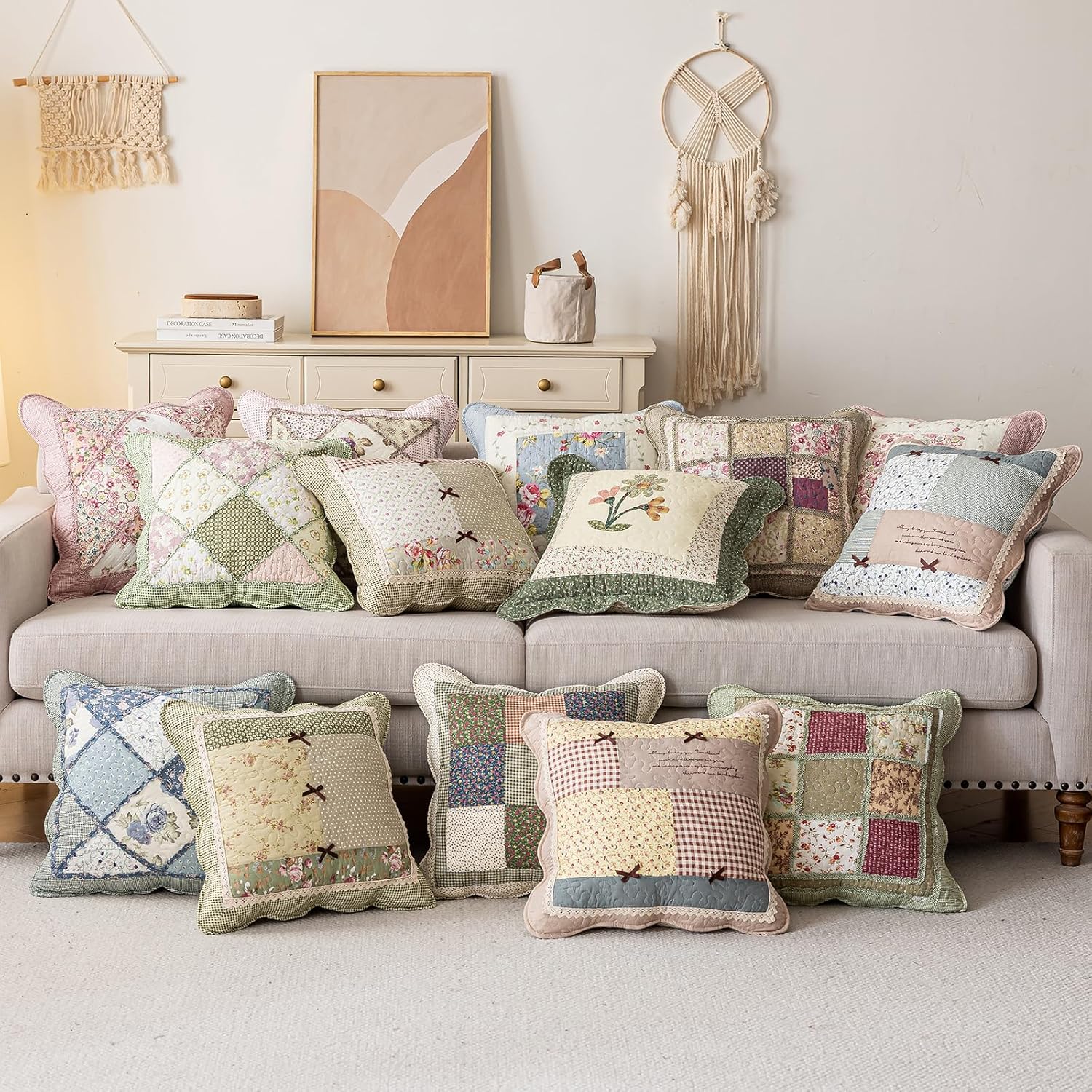 vctops Set of 2 Quilted 100% Cotton Boho Throw Pillow Covers 18" x 18" Farmhouse Country Floral Patchwork Decorative Cushion Cover, Patchwork Flower G - Image 3