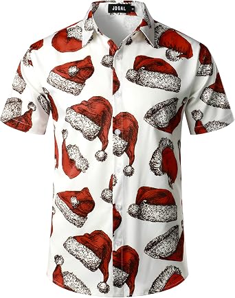 JOGAL Mens Christmas Shirt Santa Claus Party Flamingo Casual Hawaiian Shirts