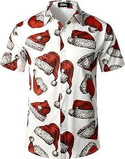 JOGAL Mens Fun Hawaiian Christmas Santa Claus Print Shirts Short Sleeve Casual Button Down Shirts