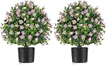 Goplus 21.5” Artificial Cedar Topiary Ball Tree, Set of 2 False Potted Plants Artificial Shrubs Bushes with Cement Pot, Fake Evergreen Artificial Topiary for Indoor Outdoor Home Front Porch Decor
