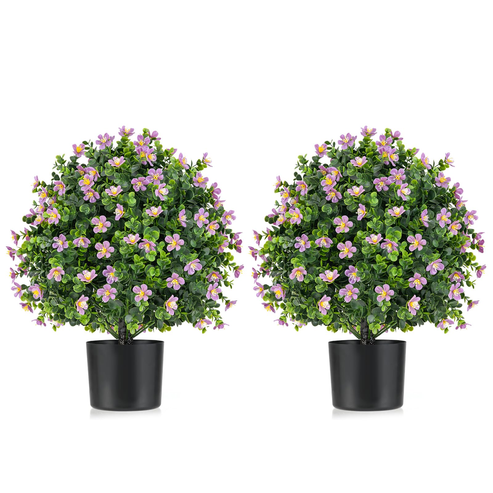 Goplus 21.5'' Artificial Boxwood Topiary Ball Tree, Set of 2 Faux Potted Plants Artificial Shrubs Bushes with Flowers, Fake Evergreen Artificial
