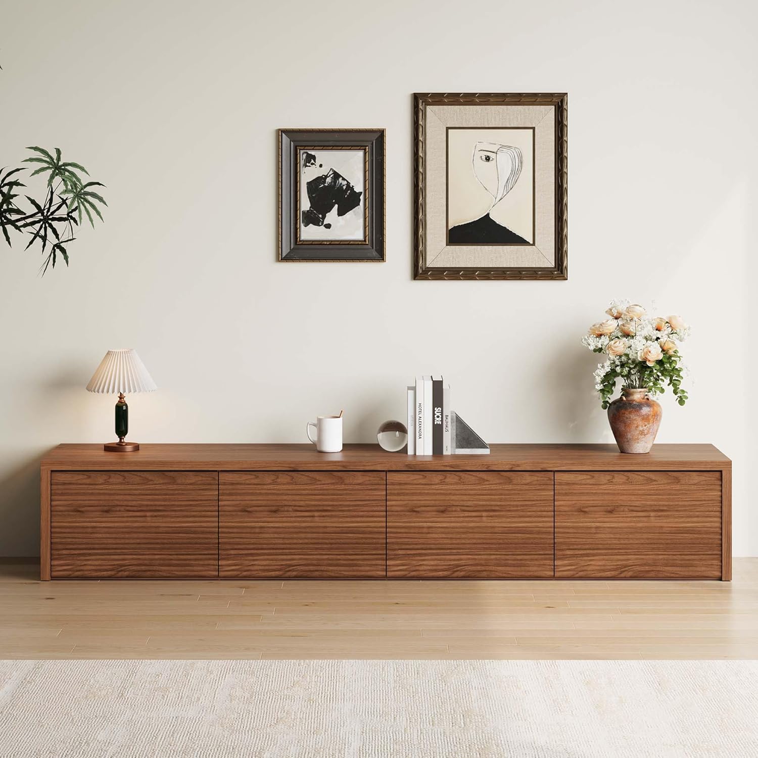 Wooden Fluted TV Stand for TVS up to 75 Inch, Mid Century Modern TV Console with Storage, 78.7" Floor-Standing Entertainment Center for Living Room Bedroom