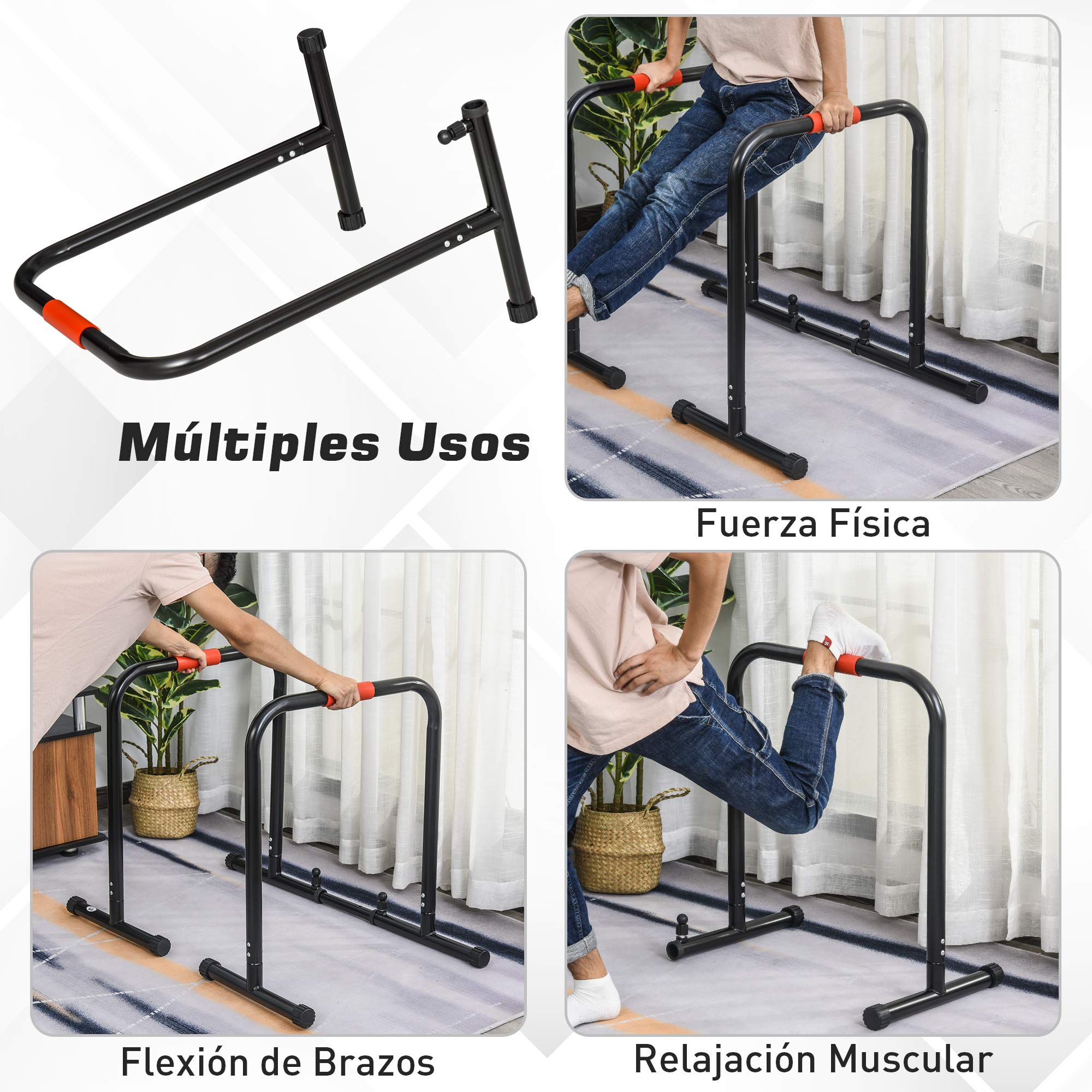 HOMCOM Barras Paralelas Ancho Ajustable Dip Station para Calistenia y Entrenamiento Gimnasio con Asas Antideslizantes de Acero 94-102x62x73 cm Negro
