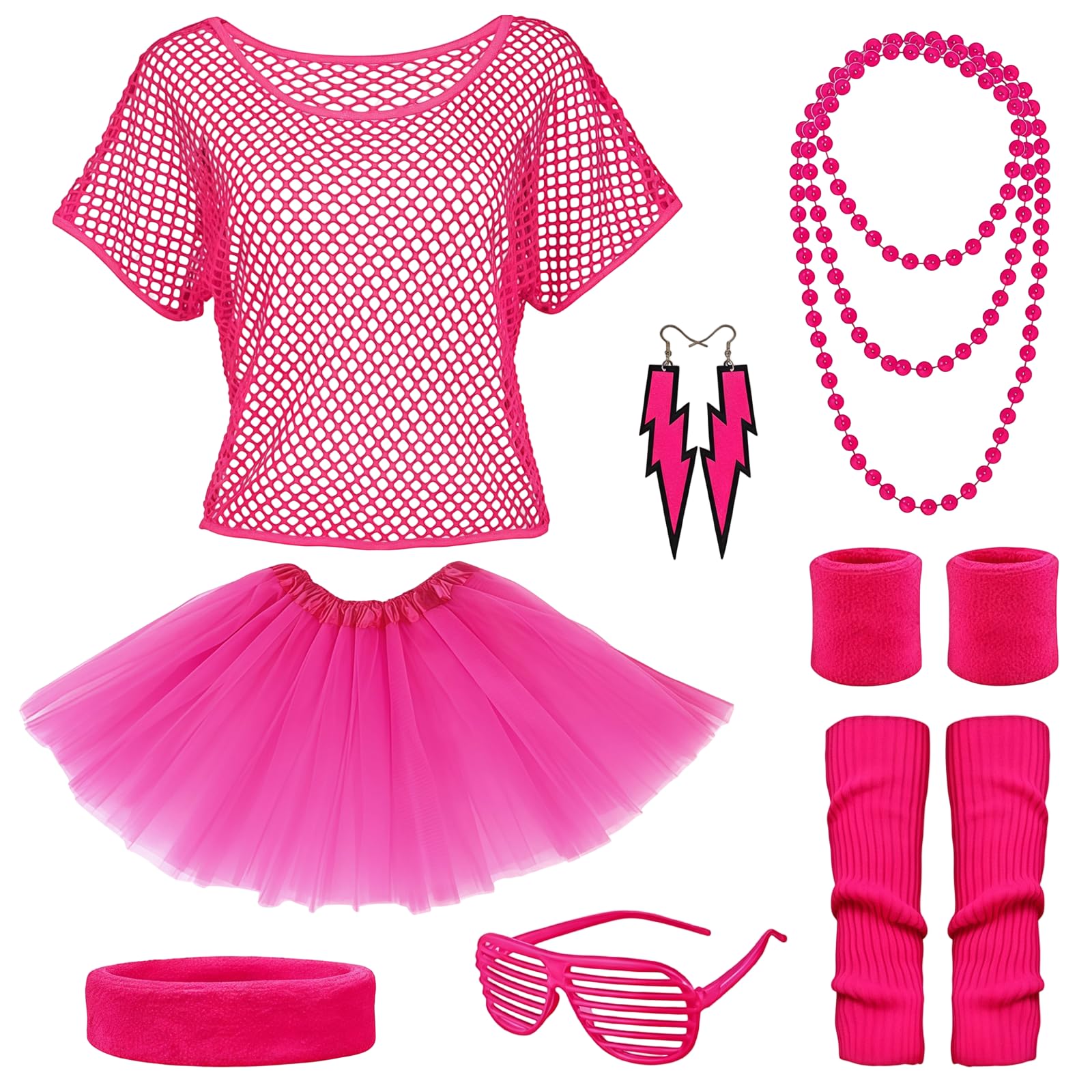 BORISCA 11 Pcs Neon Pink Outfit 80s Fancy Dress for Women, 80s Outfits Set - Mesh Neon Top Tulle Skirt Pink Leg Warmers Wristband Headband Glasses Jewelry for Retro Theme Parties
