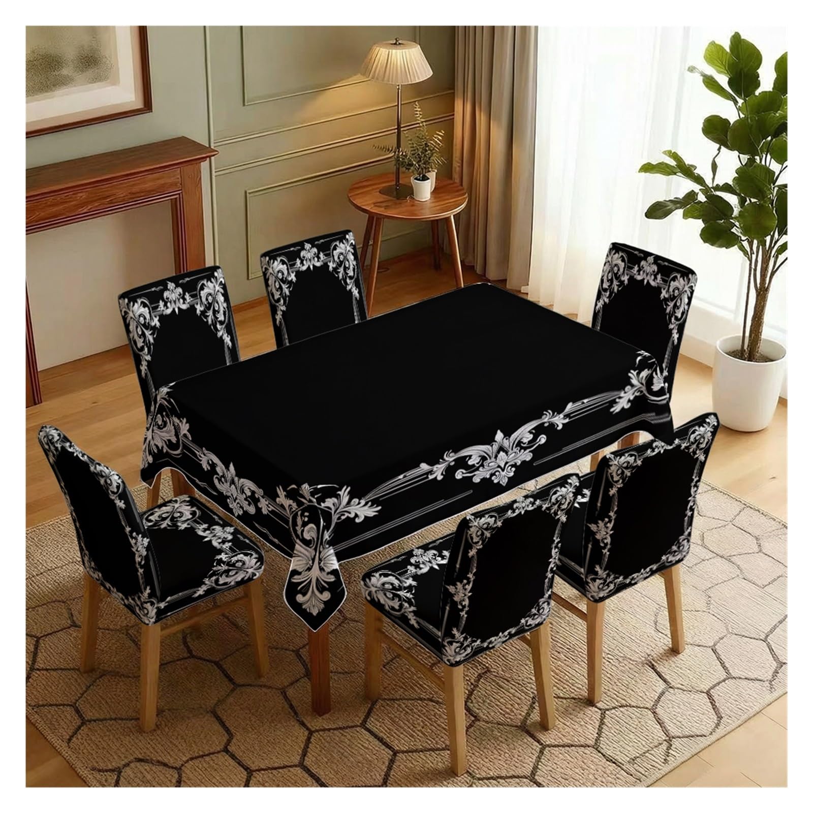 KXUAUV Black & Silver Baroque Print Stretch Dining Chair Covers & Tablecloth Set, 5/7 Pack Party Decor(7pcs Set: Tablecloth+Chair Covers)