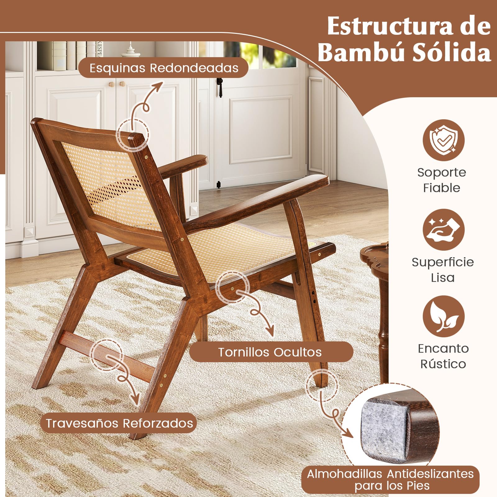 COSTWAY Silla de Ratán, Sillón de Salón de Madera, Butaca de Salón con Respaldo y Asiento Amplio de Ratán, Silla de Ocio de Lectura para Sala de Estar y Dormitorio, Nogal