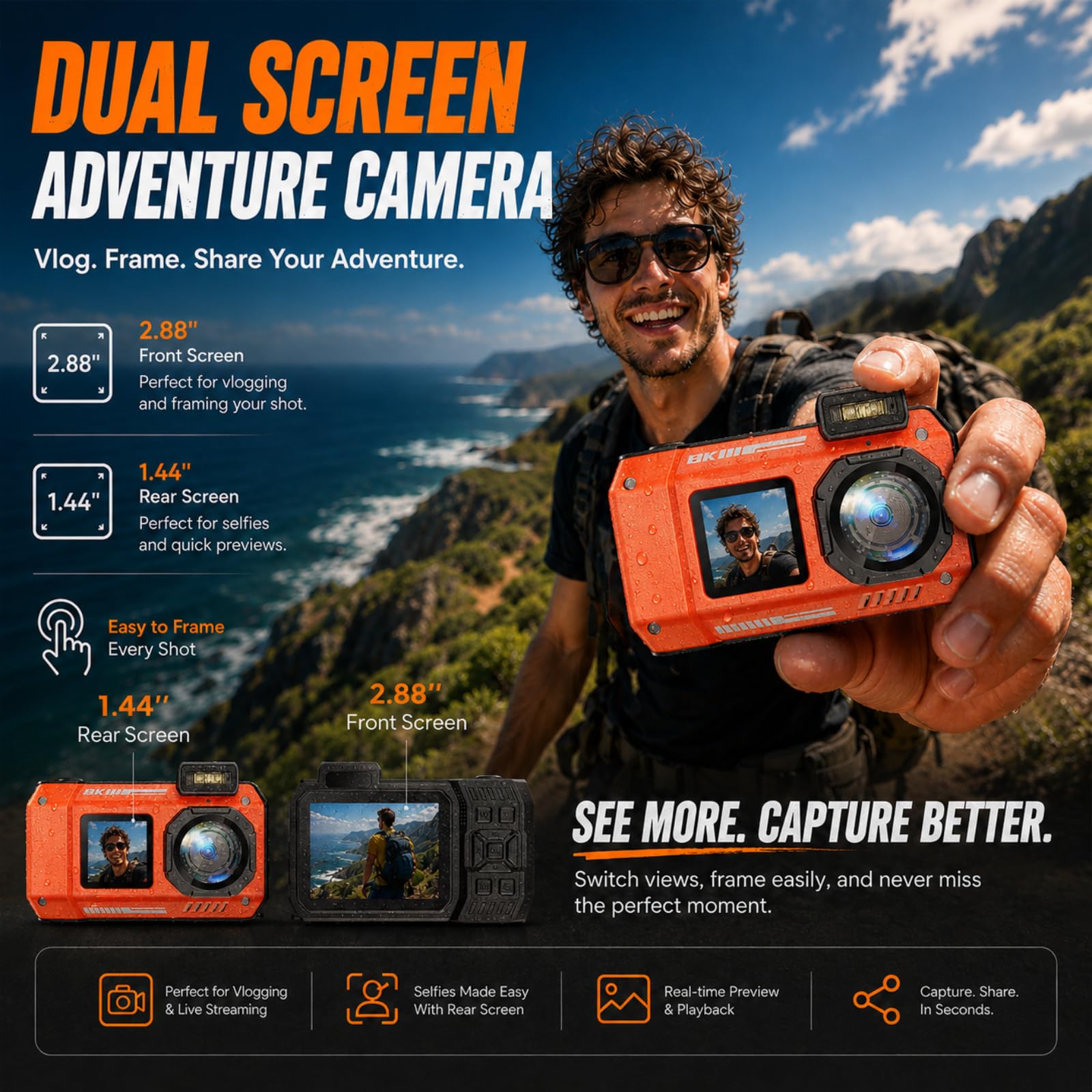 MaxMango D50 33FT Cámara Digital Impermeable, 8K 70MP Cámara Acuática con 16 GB, Cámara de Fotos con 2.88" Doble Pantalla 18x, Resistente al Polvo y a los Golpes, Autofocus - Naranja