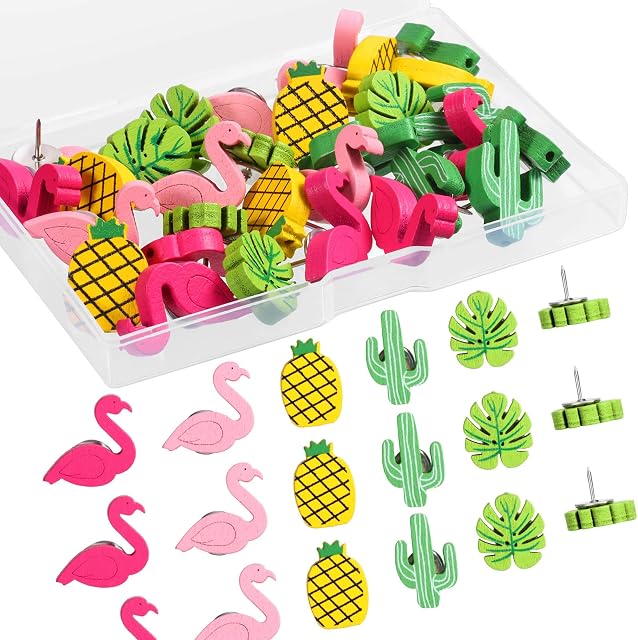 Wooden Push Pins Flamingo Pineapple Cactus Palm Leaf Push Pins Decorative Thumb Tacks Cute Pushpins Drawing Pins for Photos Wall, Maps, Bulletin Board, Cork Boards (30 Pieces)