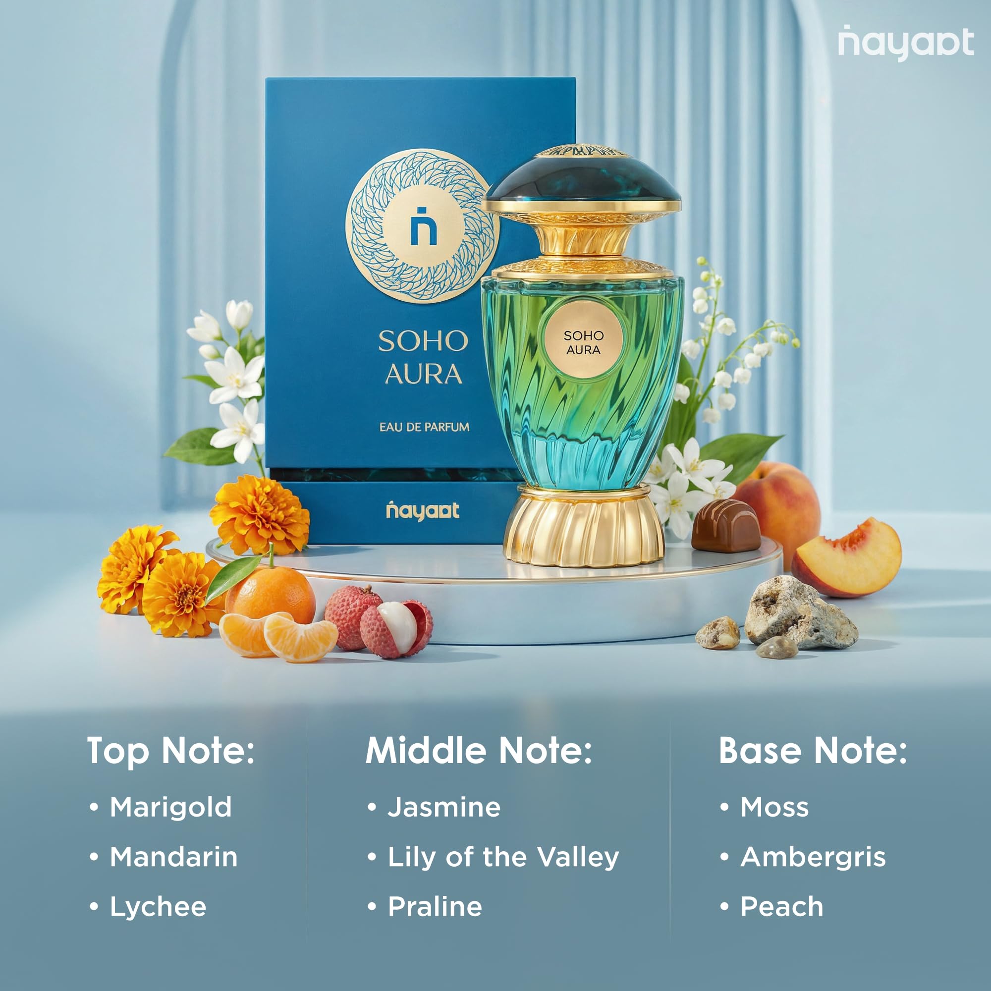 Orientica Nayaat Soho Aura Eau de Parfum 100 ml – Profumo Arabo da Donna con Note Fruttate, Floreali e Dolci, Calendula, Mandarino, Litchi, Gelsomino, Mughetto, Praliné, Muschio, Ambra Grigia e Pesca
