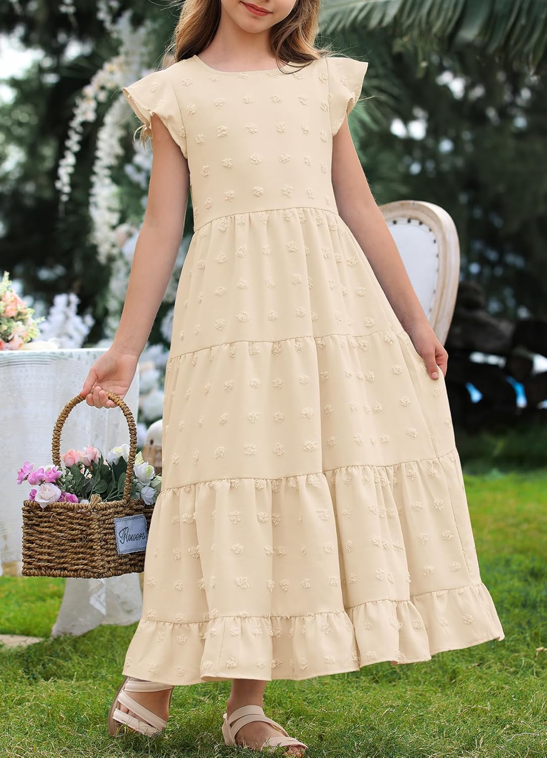 HOSIKA Girls Maxi Dress Ruffle Sleeve Swiss Dot A Line Tiered Flowy Casual Party Dresses with Pockets for 6-12 Y - Image 3