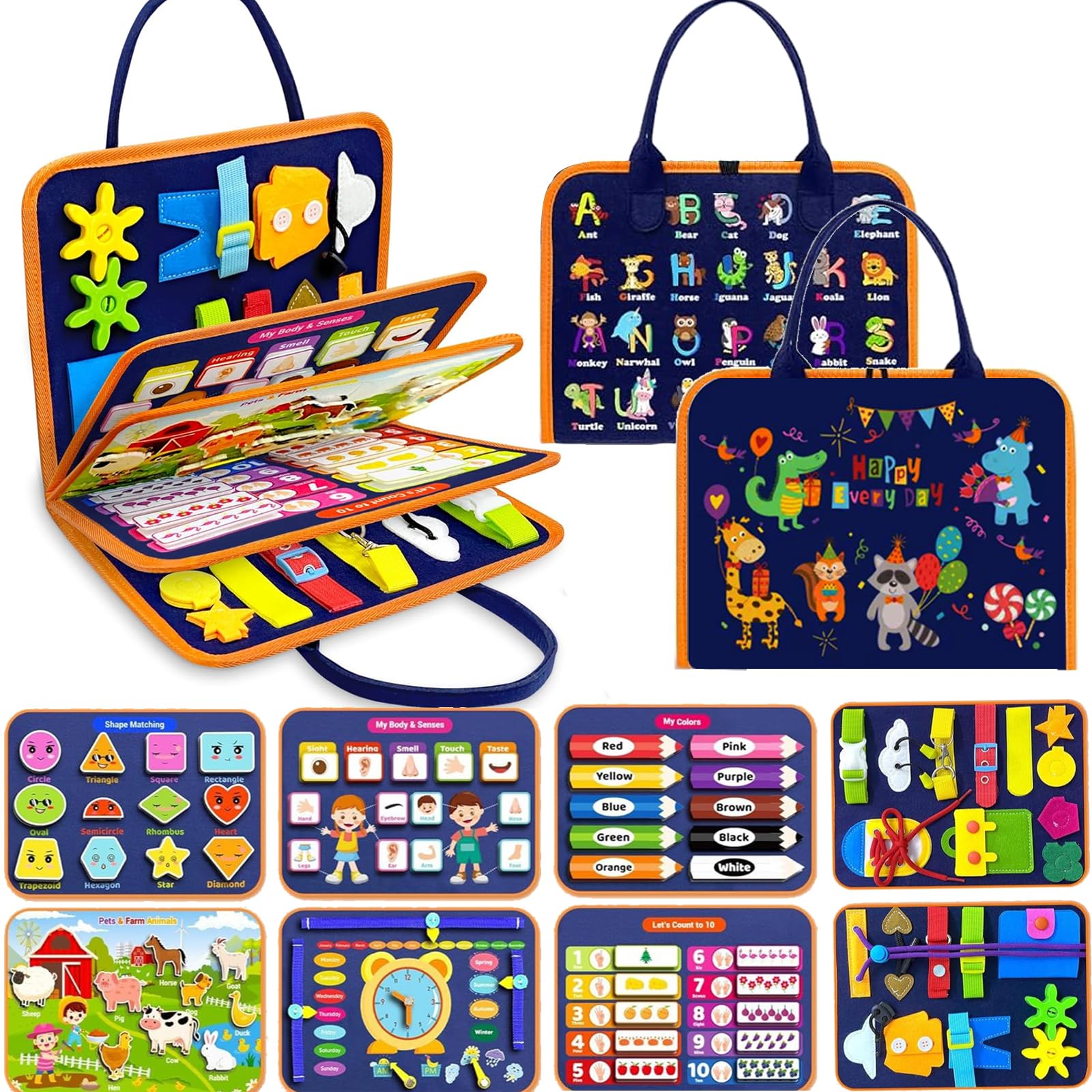 Beauenty Busy Board Montessori Toys for 1 2 3 4 Year Old Boy Girl Birthday Gifts, Travel Educational Toys，Sensory Educational Travel, Toddlers Develop Basic Skills, (dark blue)