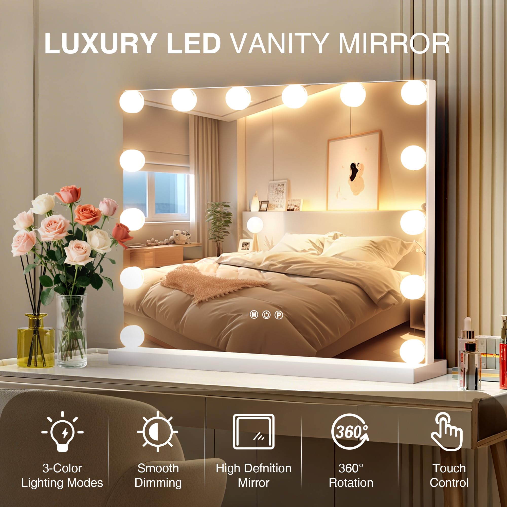 Miroir cosmétique Hollywood avec 3 Modes de Couleur, Miroir cosmétique éclairé avec Lampes LED à intensité Variable et grossissement 10x pour Bureau (52 cm x 40 cm)