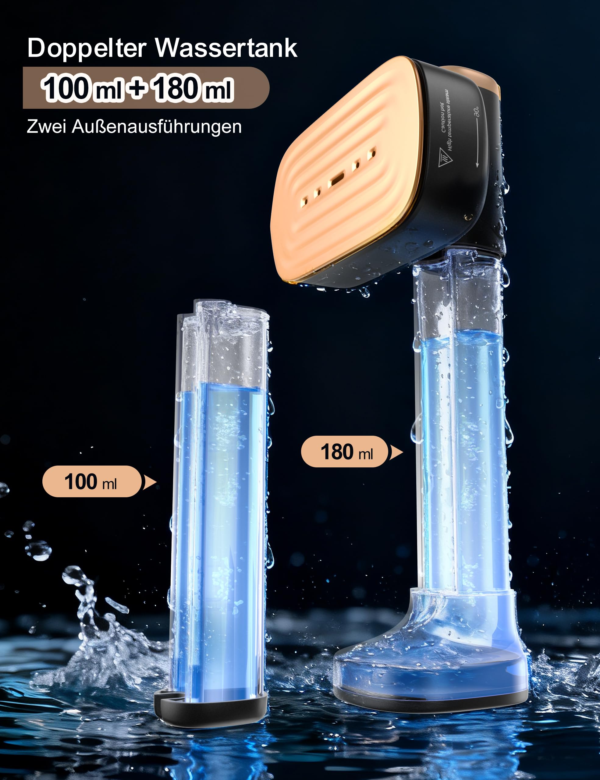 Sundu Dampfglätter, Steamer mit 2 Wassertanks (180 ml und 100 ml), 15S Schnelles Aufheizen, 24 g/min Starke Dampfleistung, Reisebügeleisen mit Touch-Steuerung, LED Display, Steam Iron Schwarz
