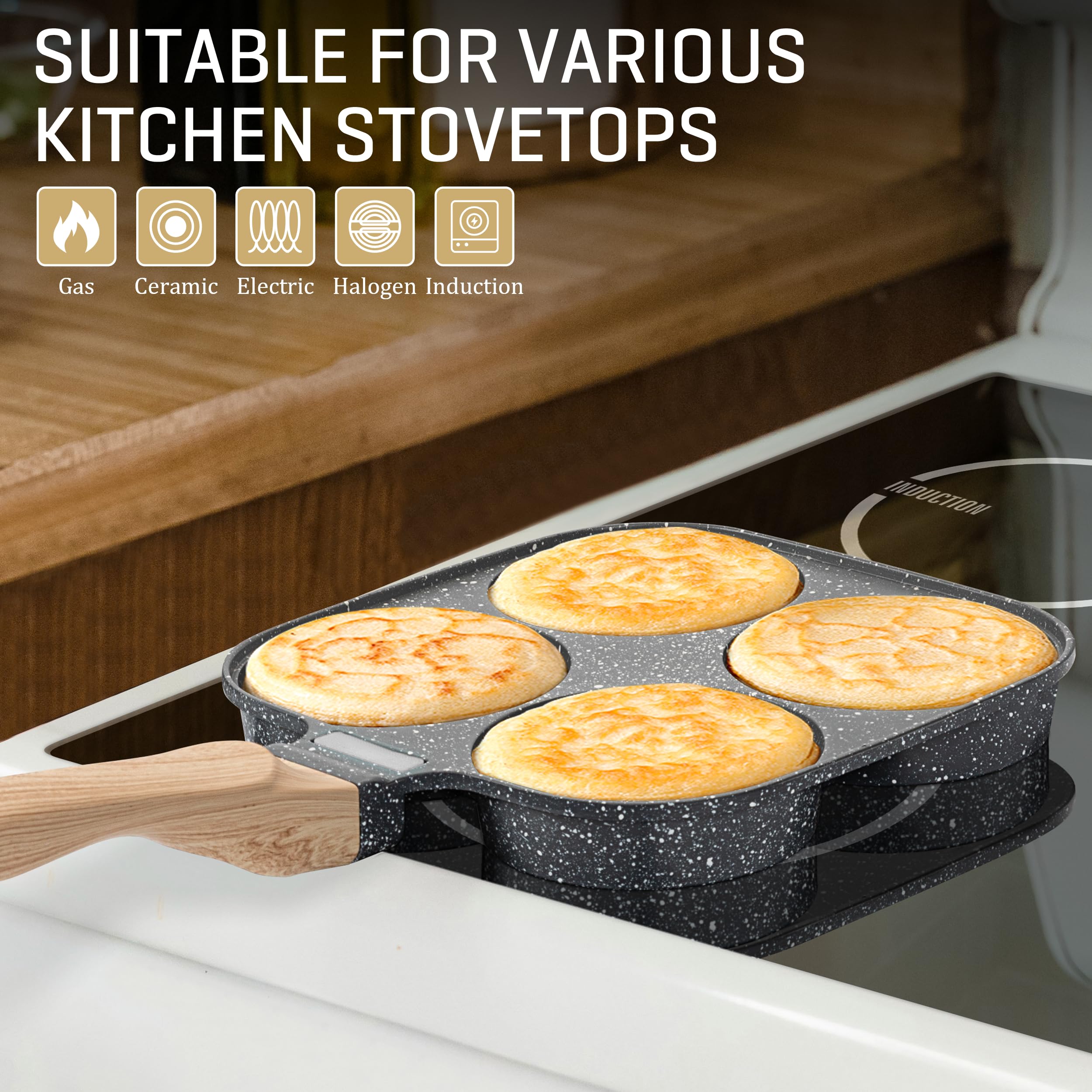Sartén para huevos de 4 tazas con tapa, olla antiadherente de aleación de aluminio para desayuno, panqueques, hamburguesas, sándwiches, adecuada para estufa de gas y utensilios de cocina de 3