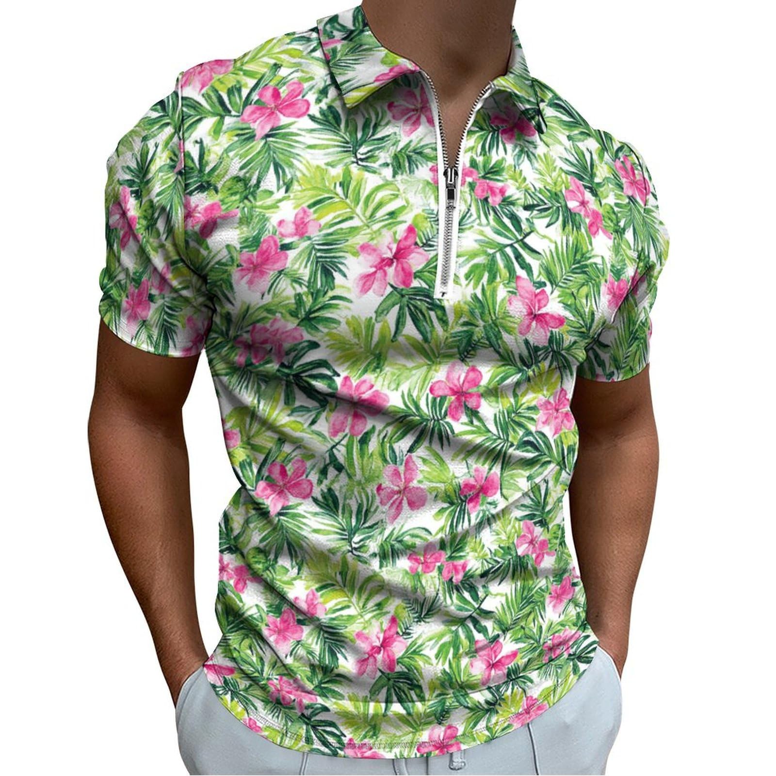 Hawaiian Polo Shirts for Men Zipper Floral Printed Short Sleeve Golf Shirt Moisture Wicking V Neck Slim Fit