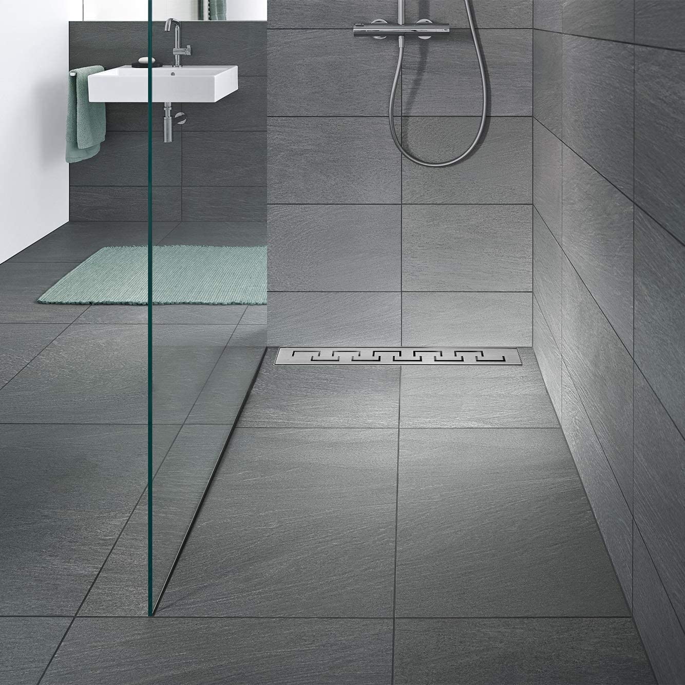 Canaleta de Ducha Rectangular de Acero Inoxidable Ultra Plana Medida 100cm - Modelo R4 Desagüe de Borde Griego plateado