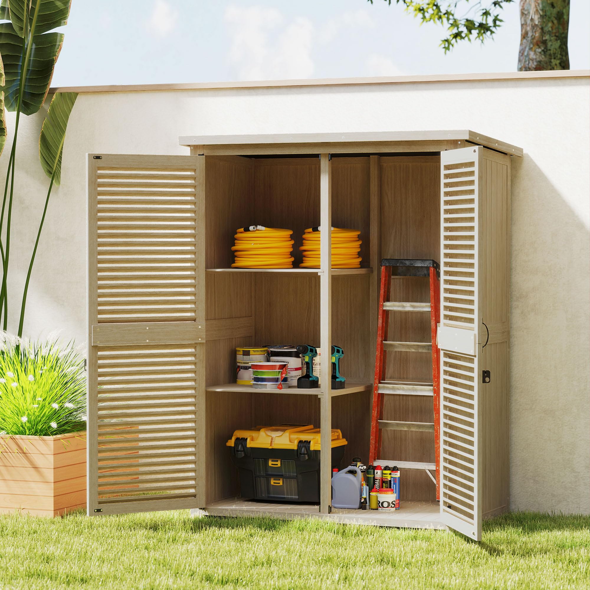 Outsunny Caseta de Jardín de Madera, 127x65x168 cm, Cobertizo Jardín Exterior, Armario para Almacenaje Herramientas, con 2 Puertas de Persiana 2 Estantes Techo Impermeable para Patio Terraza, Natural