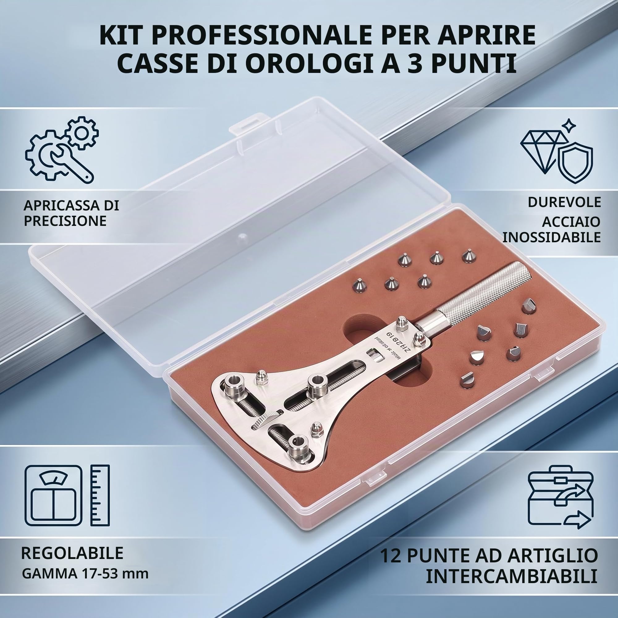Apri Coperchio Orologio 3 Punte Acciaio Inossidabile | Rimuovi Viti Batteria, Regolabile 17-53mm per Riparazione Orologi