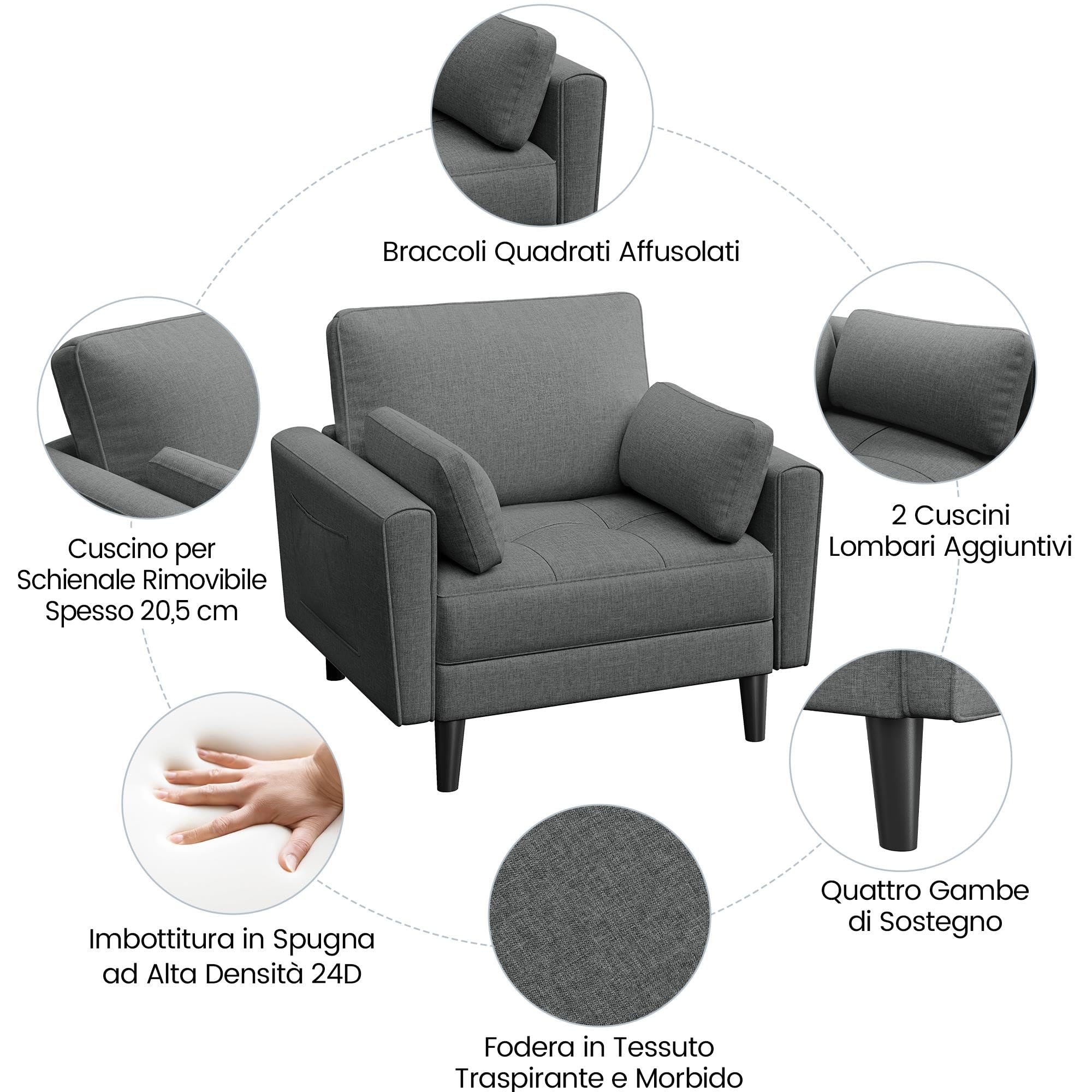 Yaheetech Divano Singolo da Salotto Divanetto Moderno con Cuscini Schienale Divano a 1 Posto in Tessuto Poltrona da Soggoirno con Braccioli 102,5 × 75 × 85,5 cm Grigio Scuro/Tela