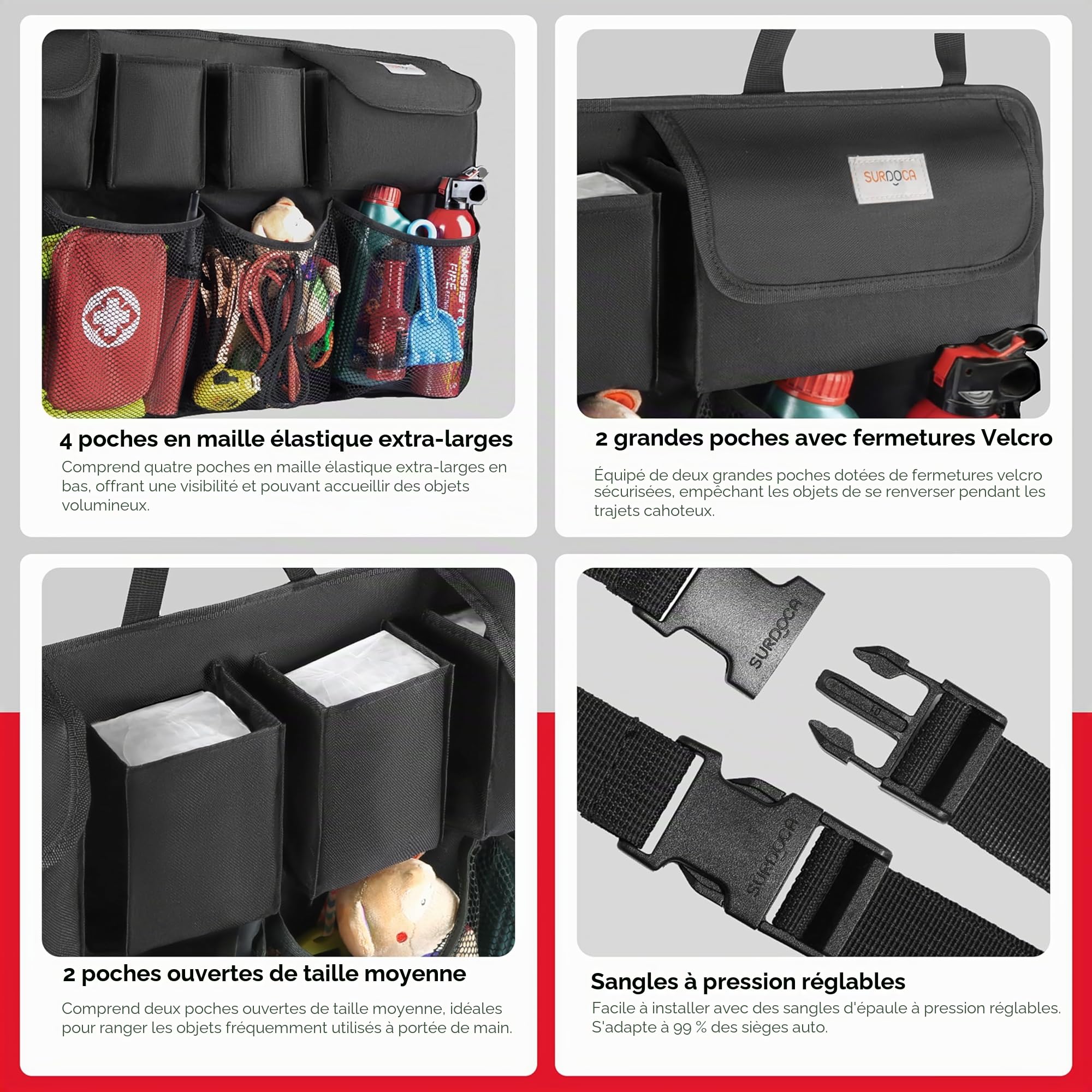 SURDOCA Organiseur de coffre de voiture, 4e génération 8 Upgrades, Organiseur de voiture XL, Sac de coffre, Accessoires intérieurs avec couvercle, peu encombrant, Noir, Grande taille